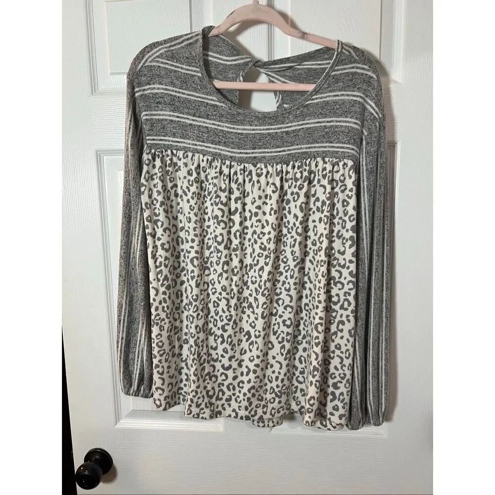 Oddy Leopard Print Babydoll Top | Long Sleeve | Size M